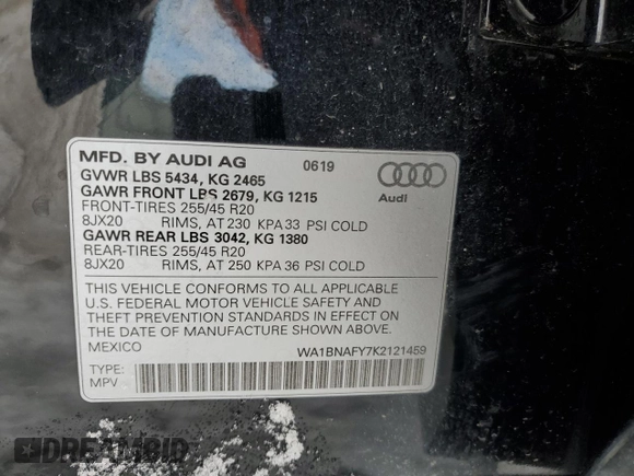 2019 Audi Q5 Premium Plus with VIN WA1BNAFY7K2121459, listed as a Copart auction lot 87839275 with 89,050 mi miles and Salvage Title. Bid and sale history available at carsss.com. Image 13.