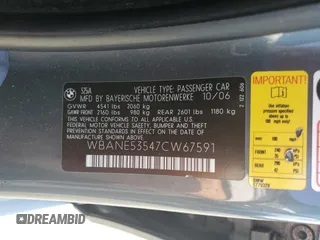 2007 BMW 5 Series 525i with VIN WBANE53547CW67591, listed as a Copart auction lot 57466285 with 178,700 mi miles and Salvage title. Bid and sale history available at DreamBid. Image 12.