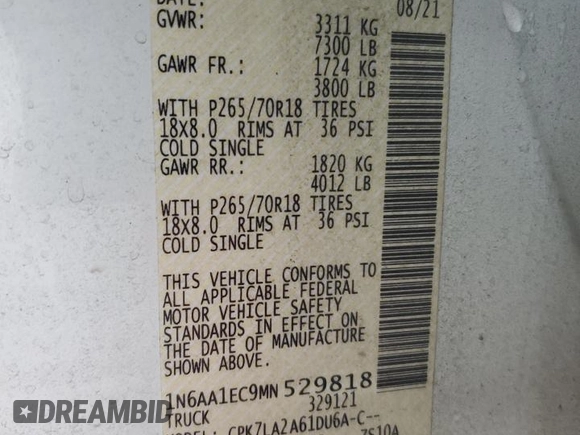 2021 Nissan Titan S with VIN 1N6AA1EC9MN529818, listed as a Copart auction lot 47041365 with 70,273 mi miles and Salvage title. Bid and sale history available at DreamBid. Image 13.