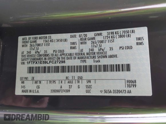 2020 Ford F-150 XL with VIN 1FTFX1E59LFC27298, listed as a IAAI auction lot 41439395 with 93,667 mi miles. Bid and sale history available at carsss.com. Image 9.