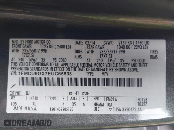 2014 Ford Escape SE с VIN 1FMCU9GX7EUC65633, выставлен на аукционе IAAI как лот 42437095 с пробегом 160 493 миль миль и . История ставок и продаж доступна на DreamBid. Изображение 9.