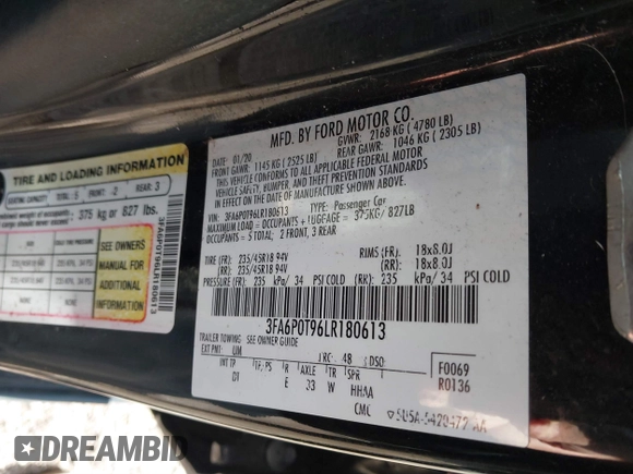 2020 Ford Fusion SE с VIN 3FA6P0T96LR180613, выставлен на аукционе IAAI как лот 42216435 с пробегом 52 904 миль миль и . История ставок и продаж доступна на DreamBid. Изображение 9.