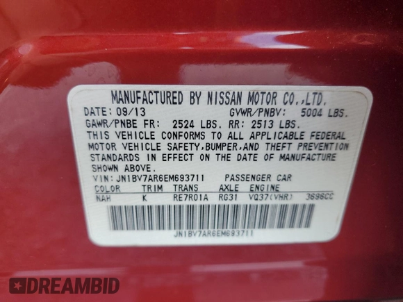 2014 Infiniti Q50 Sport with VIN JN1BV7AR6EM693711, listed as a Copart auction lot 64551895 with 124,843 mi miles and Salvage title. Bid and sale history available at DreamBid. Image 12.