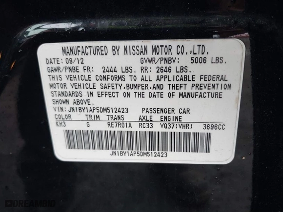 2013 Infiniti M37 with VIN JN1BY1AP5DM512423, listed as a IAAI auction lot 41063320 with 113,075 mi miles. Bid and sale history available at carsss.com. Image 9.