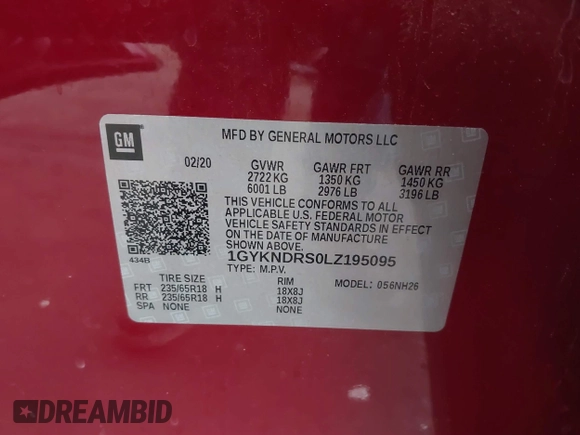 2020 Cadillac XT5 Premium Luxury AWD with VIN 1GYKNDRS0LZ195095, listed as a IAAI auction lot 41504349 with 55,993 mi miles and . Bid and sale history available at DreamBid. Image 9.