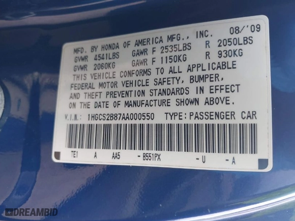 2010 Honda Accord Cpe EX-L with VIN 1HGCS2B87AA000550, listed as a IAAI auction lot 41729665 with NaN miles. Bid and sale history available at carsss.com. Image 9.