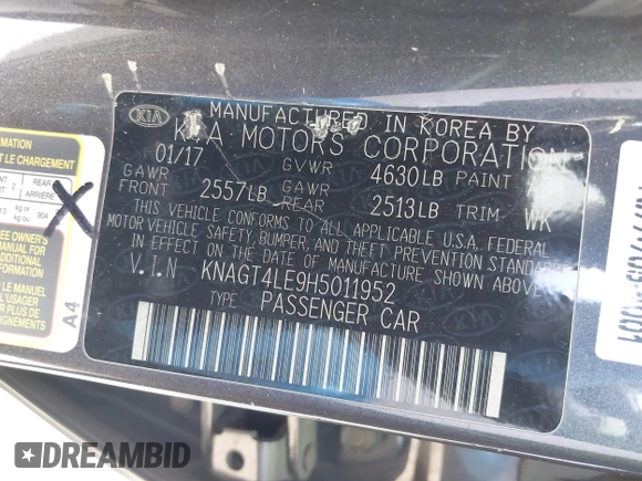 2017 Kia Optima with VIN KNAGT4LE9H5011952, listed as a IAAI auction lot 41970141 with 97,265 mi miles and . Bid and sale history available at DreamBid. Image 9.