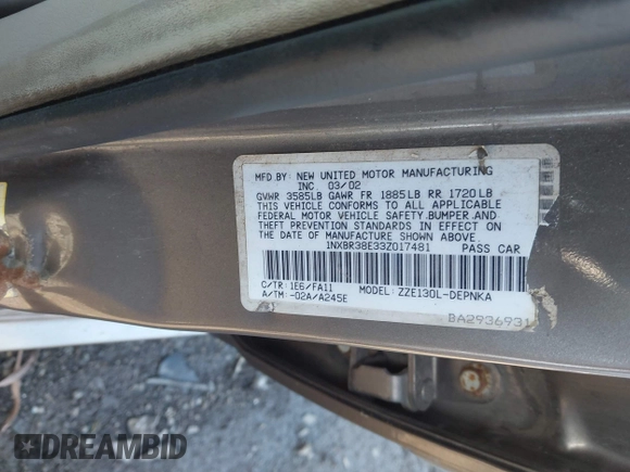 2003 Toyota Corolla CE with VIN 1NXBR38E33Z017481, listed as a IAAI auction lot 42059034 with 177,863 mi miles and . Bid and sale history available at DreamBid. Image 9.