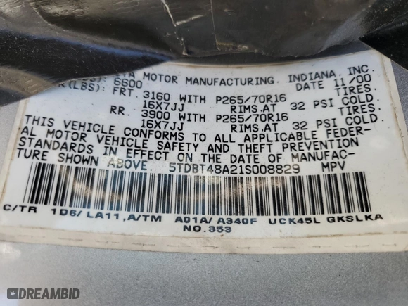2001 Toyota Sequoia Limited with VIN 5TDBT48A21S008829, listed as a Copart auction lot 49553465 with 0 mi miles and Salvage Title. Bid and sale history available at carsss.com. Image 16.