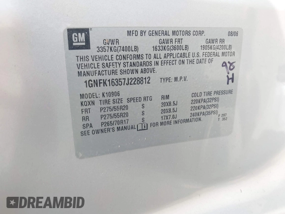 2007 Chevrolet Suburban LT with VIN 1GNFK16357J228812, listed as a IAAI auction lot 42092270 with 278,258 mi miles and . Bid and sale history available at DreamBid. Image 9.