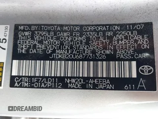 2008 Toyota Prius z VIN JTDKB20U687731326, wystawiony jako IAAI lot #42408705 z przebiegiem 219 147 mil mil oraz . Historia ofert i sprzedaży dostępna na DreamBid. Obrazek 9.