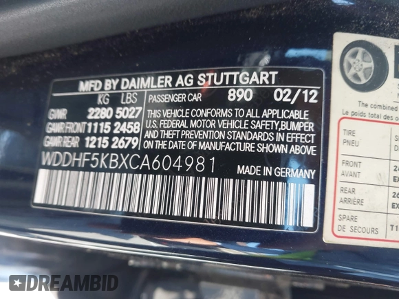 2012 Mercedes-Benz E 350 Luxury with VIN WDDHF5KBXCA604981, listed as a IAAI auction lot 42765752 with 145,122 mi miles and . Bid and sale history available at DreamBid. Image 9.