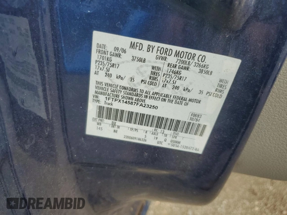 2007 Ford F-150 XLT with VIN 1FTPX14587FA23250, listed as a Copart auction lot 63156385 with 187,382 mi miles and Clean title. Bid and sale history available at DreamBid. Image 12.
