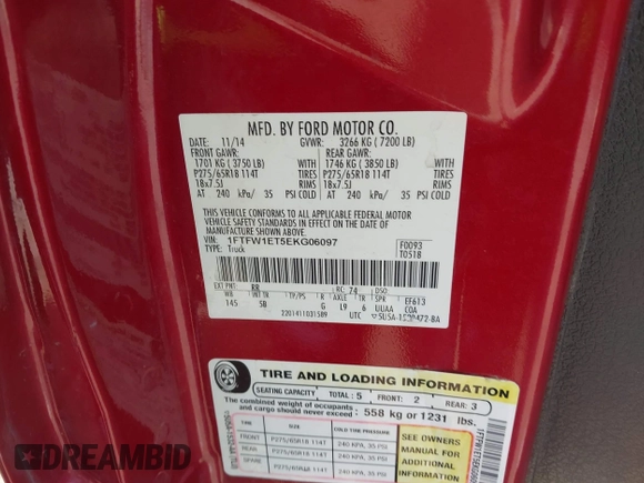 2014 Ford F-150 XL with VIN 1FTFW1ET5EKG06097, listed as a IAAI auction lot 42218332 with 208,263 mi miles and . Bid and sale history available at DreamBid. Image 9.