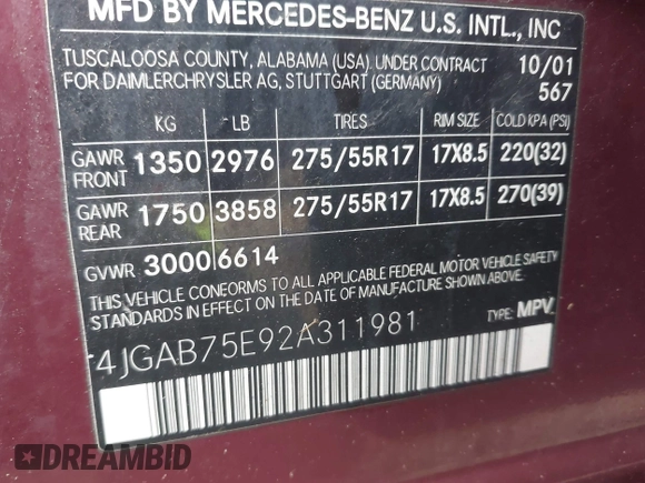 2002 Mercedes-Benz M 320/430/500 z VIN 4JGAB75E92A311981, wystawiony jako IAAI lot #42357172 z przebiegiem 171 737 mil mil oraz . Historia ofert i sprzedaży dostępna na DreamBid. Obrazek 9.