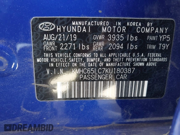 2019 Hyundai Ioniq Blue with VIN KMHC65LC7KU180387, listed as a IAAI auction lot 42510425 with 182,938 mi miles and . Bid and sale history available at DreamBid. Image 9.