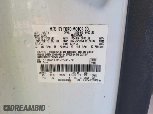 2013 Ford F-150 XL с VIN 1FTEX1EM1DFC51079, выставлен на аукционе IAAI как лот 42563468 с пробегом 140 709 миль миль и . История ставок и продаж доступна на DreamBid. Изображение 31.