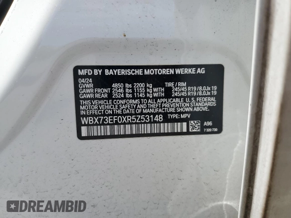 2024 BMW X1 xDrive28i с VIN WBX73EF0XR5Z53148, выставлен на аукционе Copart как лот 55283615 с пробегом 8 907 миль миль и Списание • Salvage title. История ставок и продаж доступна на DreamBid. Изображение 14.