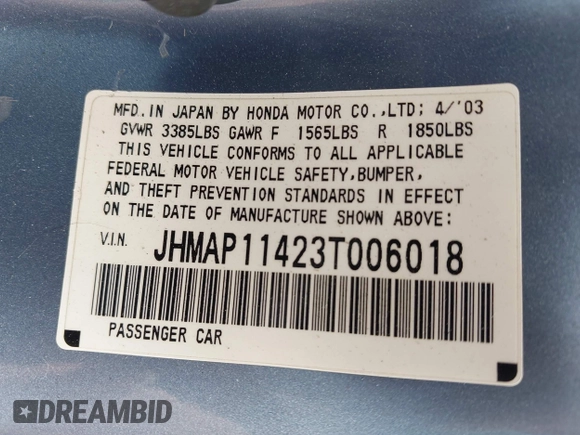 2003 Honda S2000 z VIN JHMAP11423T006018, wystawiony jako IAAI lot #42057260 z przebiegiem 117 340 mil mil oraz . Historia ofert i sprzedaży dostępna na DreamBid. Obrazek 9.