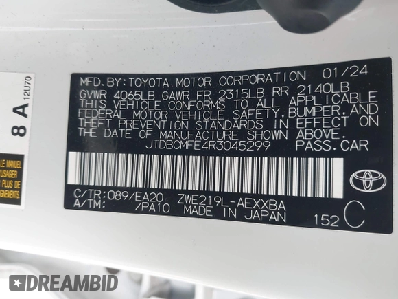 2024 Toyota Corolla Hybrid LE with VIN JTDBCMFE4R3045299, listed as a IAAI auction lot 41283042 with 13,649 mi miles. Bid and sale history available at carsss.com. Image 9.