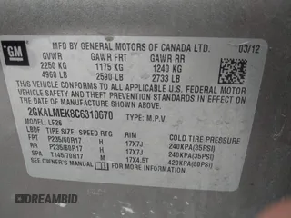 2012 GMC Terrain SLE-1 with VIN 2GKALMEK8C6310670, listed as a IAAI auction lot 42735455 with 192,288 mi miles and . Bid and sale history available at DreamBid. Image 9.