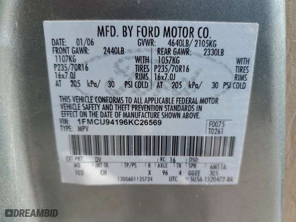 2006 Ford Escape Limited with VIN 1FMCU94196KC26569, listed as a Copart auction lot 42922424 with 126,682 mi miles and Salvage Title. Bid and sale history available at carsss.com. Image 13.