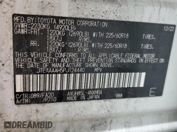 2023 Toyota Venza LE z VIN JTEAAAAH5PJ124440, wystawiony jako Copart lot #54672245 z przebiegiem Nie podano mil oraz Szkoda całkowita • Salvage title. Historia ofert i sprzedaży dostępna na DreamBid. Obrazek 14.