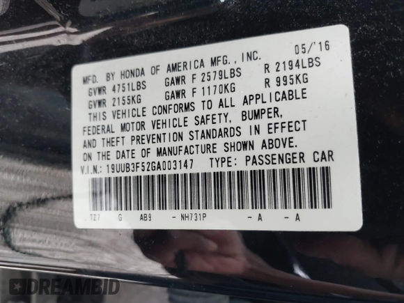 2016 Acura TLX Technology with VIN 19UUB3F52GA003147, listed as a IAAI auction lot 42671660 with 141,178 mi miles and . Bid and sale history available at DreamBid. Image 9.