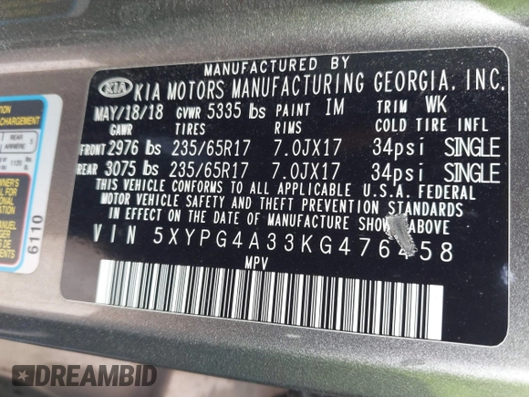 2019 Kia Sorento LX with VIN 5XYPG4A33KG476458, listed as a IAAI auction lot 41822014 with 103,501 mi miles. Bid and sale history available at carsss.com. Image 9.