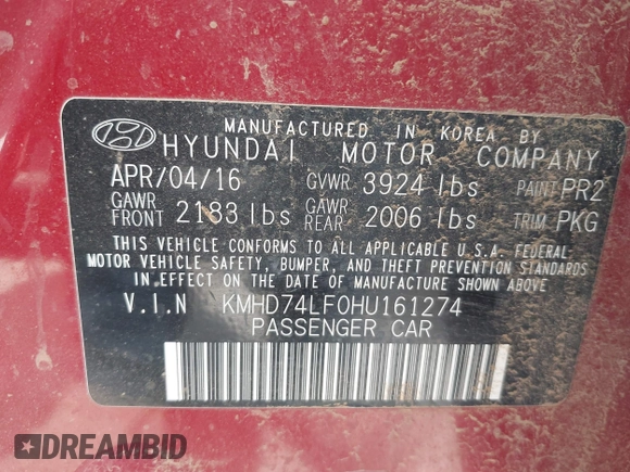2017 Hyundai Elantra SE z VIN KMHD74LF0HU161274, wystawiony jako IAAI lot #42055836 z przebiegiem 162 765 mil mil oraz . Historia ofert i sprzedaży dostępna na DreamBid. Obrazek 9.