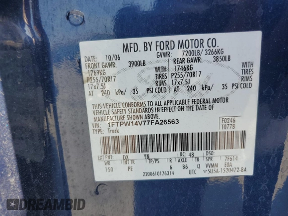 2007 Ford F-150 XLT with VIN 1FTPW14V77FA26563, listed as a Copart auction lot 50464005 with 171,489 mi miles and Clean Title. Bid and sale history available at DreamBid. Image 12.