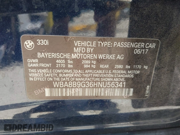 2017 BMW 3 Series 330i with VIN WBA8B9G36HNU56341, listed as a IAAI auction lot 42716985 with 104,442 mi miles and . Bid and sale history available at DreamBid. Image 9.