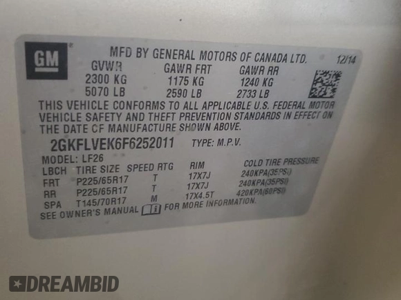 2015 GMC Terrain SLE with VIN 2GKFLVEK6F6252011, listed as a Copart auction lot 54475885 with 146,133 mi miles and Salvage Title. Bid and sale history available at carsss.com. Image 14.
