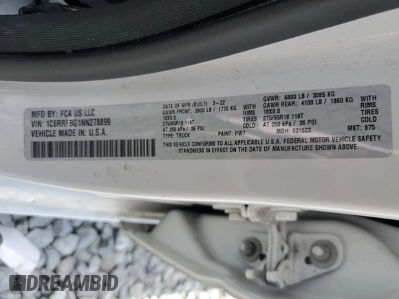 2022 Ram 1500 Big Horn с VIN 1C6RRFBG1NN278899, выставлен на аукционе Copart как лот 55427205 с пробегом 78 998 миль миль и На запчасти • Non repairable. История ставок и продаж доступна на DreamBid. Изображение 13.