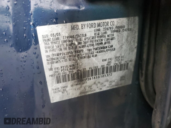 2005 Ford Five Hundred SE with VIN 1FAFP26185G185372, listed as a Copart auction lot 81176544 with 168,578 mi miles and Salvage Title. Bid and sale history available at carsss.com. Image 14.