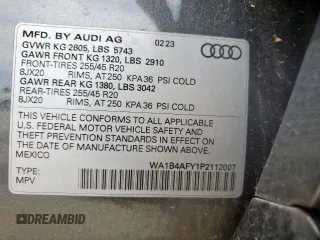 2023 Audi SQ5 Premium Plus with VIN WA1B4AFY1P2112007, listed as a Copart auction lot 57800185 with 21,101 mi miles and Salvage title. Bid and sale history available at DreamBid. Image 14.