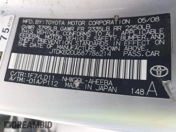 2008 Toyota Prius with VIN JTDKB20U687786214, listed as a IAAI auction lot 41969683 with 403,350 mi miles and . Bid and sale history available at carsss.com. Image 9.
