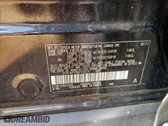 2021 Toyota RAV4 XLE Premium with VIN 2T3C1RFV5MC149234, listed as a Copart auction lot 58960675 with 63,920 mi miles and Salvage title. Bid and sale history available at DreamBid. Image 13.
