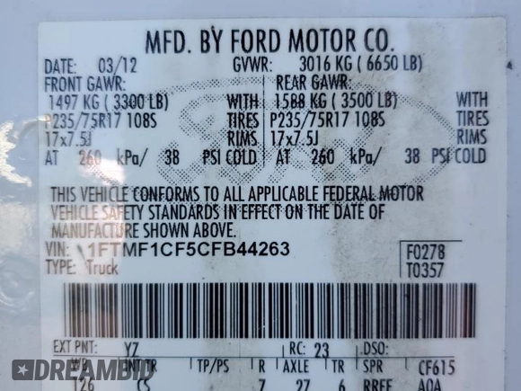 2012 Ford F-150 XL with VIN 1FTMF1CF5CFB44263, listed as a Copart auction lot 75980354 with 124,115 mi miles and Salvage Title. Bid and sale history available at carsss.com. Image 12.