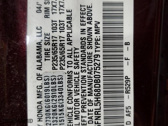 2013 Honda Odyssey EX-L with VIN 5FNRL5H68DB075279, listed as a Copart auction lot 50991385 with 153,799 mi miles and Salvage Title. Bid and sale history available at carsss.com. Image 15.
