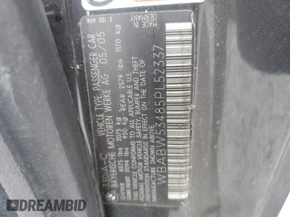 2005 BMW 3 Series 330Ci z VIN WBABW53485PL52337, wystawiony jako Copart lot #51314645 z przebiegiem Nie podano mil oraz Szkoda całkowita • Salvage title. Historia ofert i sprzedaży dostępna na DreamBid. Obrazek 14.