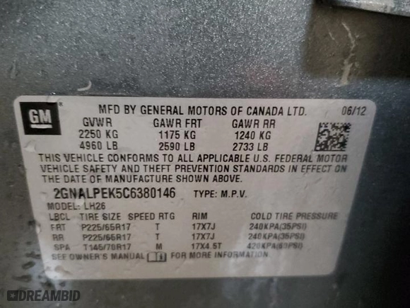 2012 Chevrolet Equinox LT w/2LT with VIN 2GNALPEK5C6380146, listed as a Copart auction lot 48308525 with 103,637 mi miles and Clean Title. Bid and sale history available at carsss.com. Image 13.