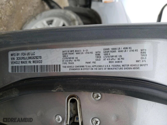 2021 Ram 2500 Big Horn with VIN 3C6UR5JL3MG628270, listed as a Copart auction lot 59798624 with 45,850 mi miles and Salvage Title. Bid and sale history available at carsss.com. Image 12.