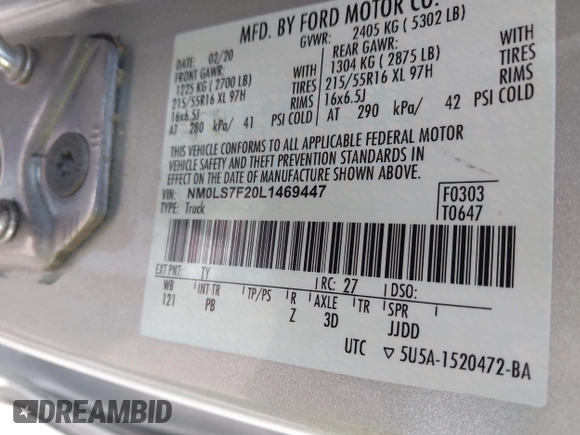 2020 Ford Transit Connect XLT with VIN NM0LS7F20L1469447, listed as a IAAI auction lot 42340033 with 42,432 mi miles and . Bid and sale history available at DreamBid. Image 9.