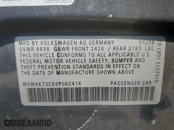2008 Volkswagen Passat Komfort с VIN WVWAK73C68P082414, выставлен на аукционе Copart как лот 61903505 с пробегом 118 352 миль миль и Списание • Salvage title. История ставок и продаж доступна на DreamBid. Изображение 12.