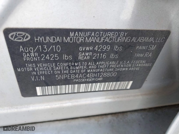 2011 Hyundai Sonata GLS PZEV with VIN 5NPEB4AC4BH128800, listed as a IAAI auction lot 41931568 with 144,473 mi miles. Bid and sale history available at carsss.com. Image 9.