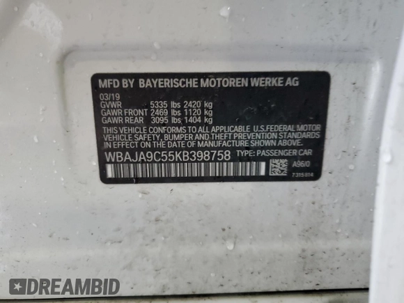 2019 BMW 5 Series 530e with VIN WBAJA9C55KB398758, listed as a Copart auction lot 62708525 with 97,808 mi miles and Clean title. Bid and sale history available at DreamBid. Image 12.