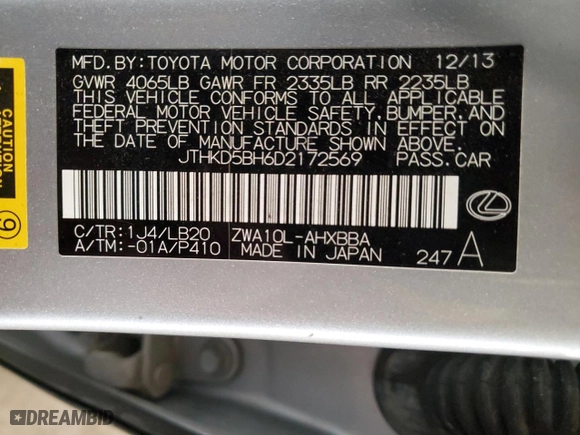 2013 Lexus CT 200h Hybrid with VIN JTHKD5BH6D2172569, listed as a Copart auction lot 47255865 with 148241 miles and Salvage Title. Bid and sale history available at carsss.com. Image 12.