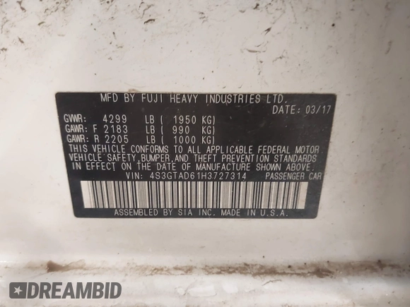 2017 Subaru Impreza Premium with VIN 4S3GTAD61H3727314, listed as a IAAI auction lot 42316108 with 111,215 mi miles and . Bid and sale history available at DreamBid. Image 9.