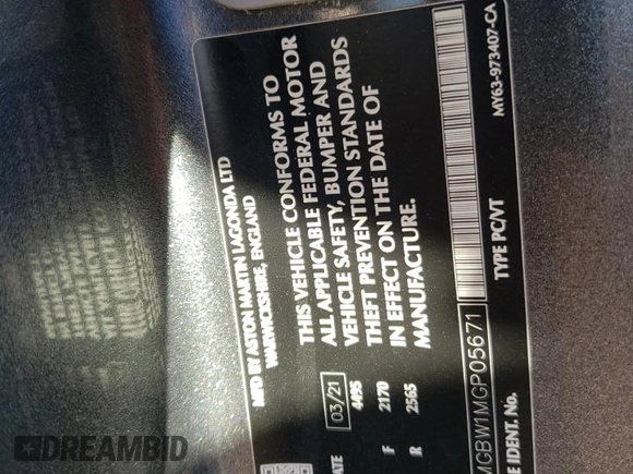 2021 Aston Martin Vantage z VIN SCFSMGBW1MGP05671, wystawiony jako Copart lot #71882173 z przebiegiem 10 940 mil mil oraz . Historia ofert i sprzedaży dostępna na DreamBid. Obrazek 13.
